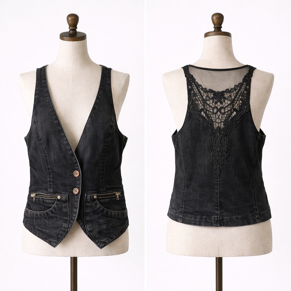 Rare NWT Vintage Parasuco Black Denim Vest XS/S Y2K Lace Back